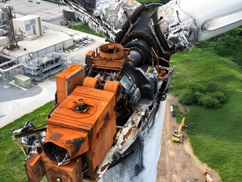 Wind turbine decommissioning process at sunset